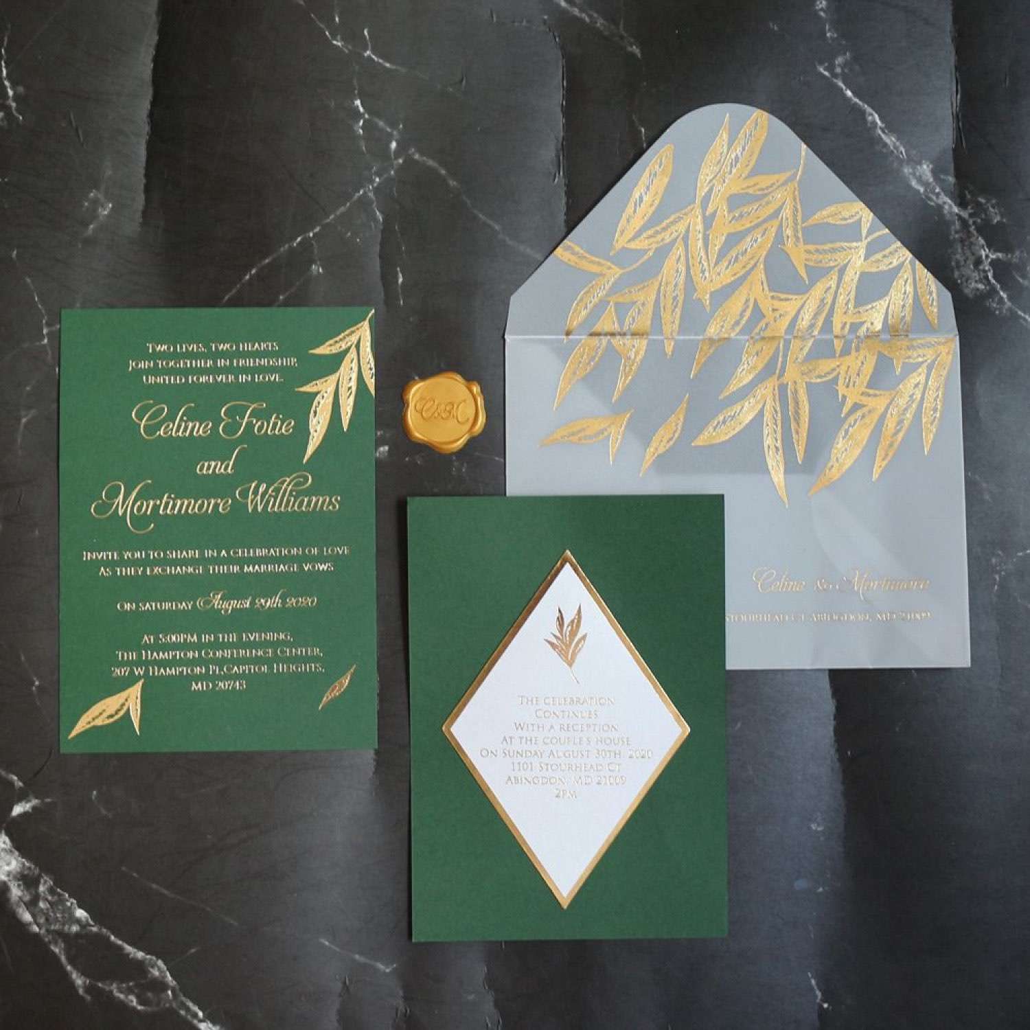 Olive Green Wedding Invitation with Vellum Paper Envelope Customized Content